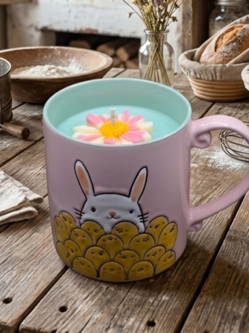 Lemon Pound Cake Dessert Candle Mug Cute Bunnie & Chicks Design 17 oz
